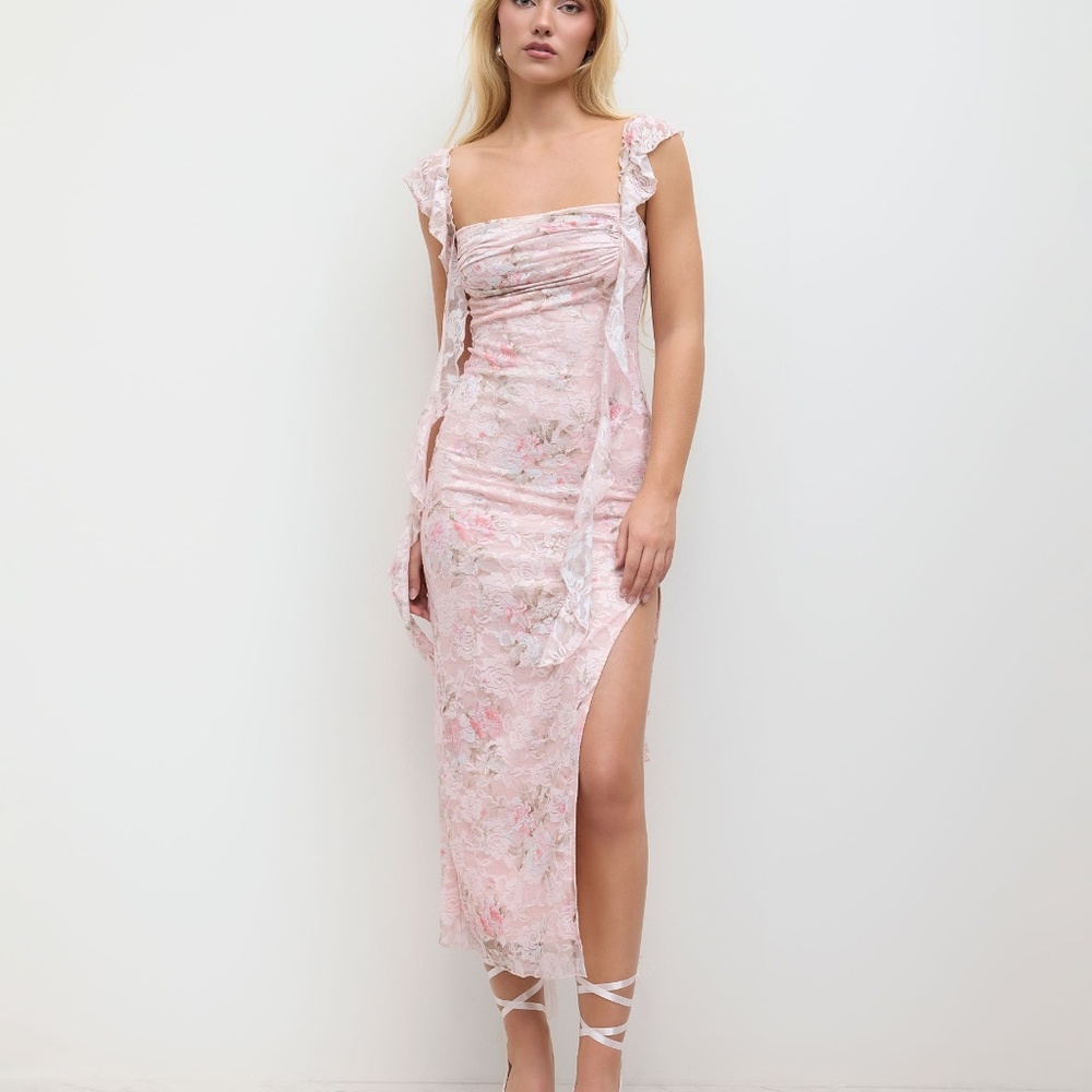 Lace floral ruffle hem split maxi dress Like New